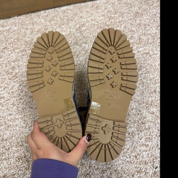 Jimmy Choo Jacquard Monogram Calfskin Cora Flat Combat Women Boots Sand Dune 39 - Picture 8 of 9